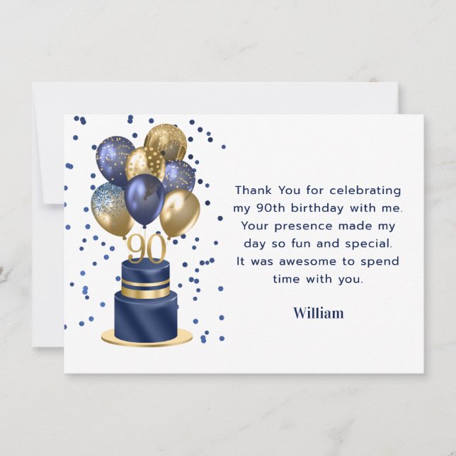 90th Birthday Navy Blue Balloon Cake Thank You (Front)