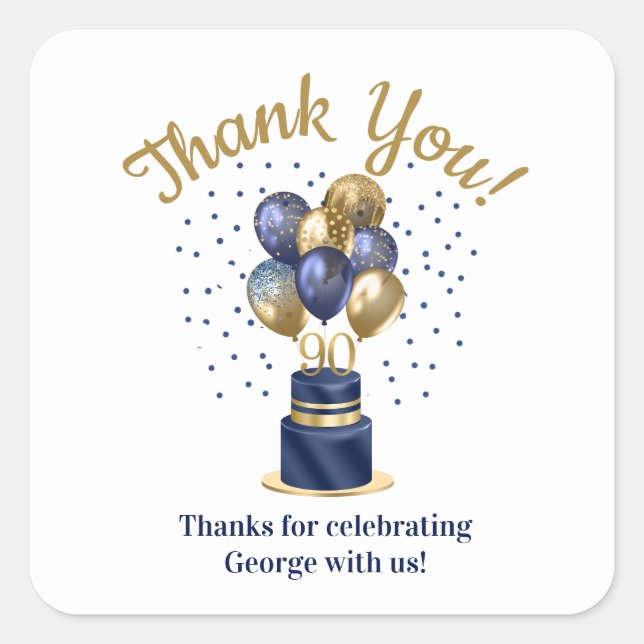 90th Birthday Navy Blue Balloon Cake Thank You Square Sticker (Front)