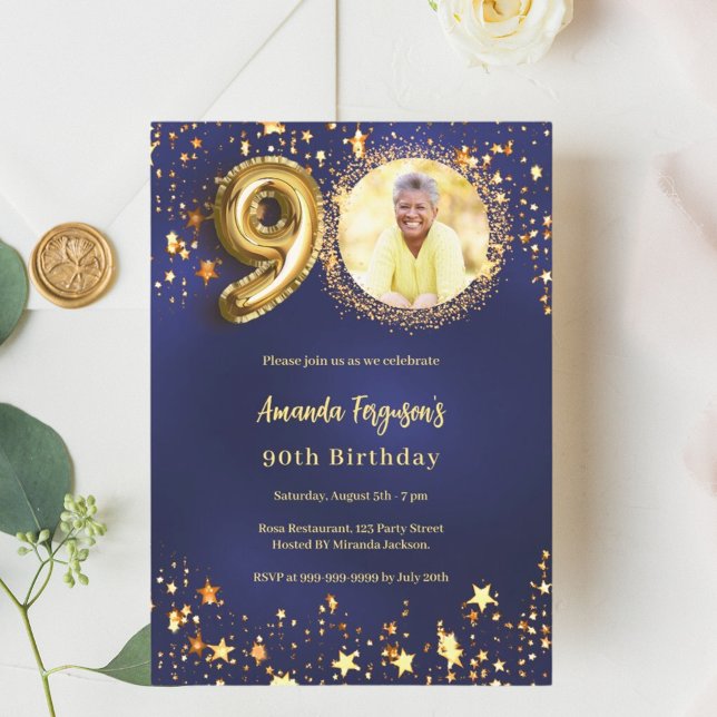 90th birthday navy blue gold stars photo invitation (Creator Uploaded)