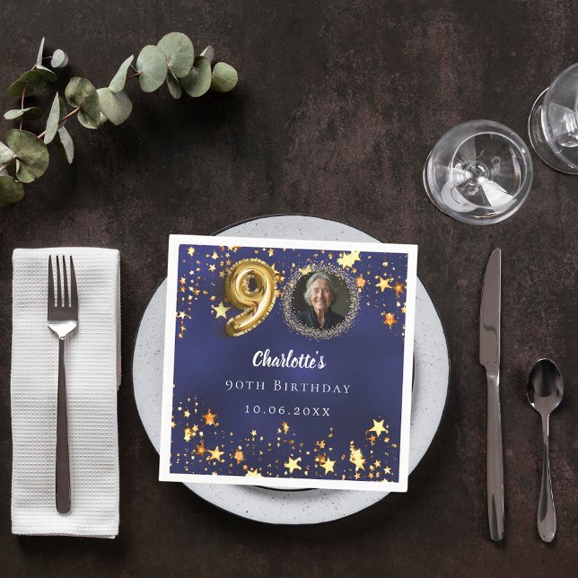 90th birthday navy blue gold stars photo napkin (Creator Uploaded)