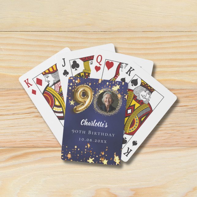 90th birthday navy blue gold stars photo playing cards (Creator Uploaded)