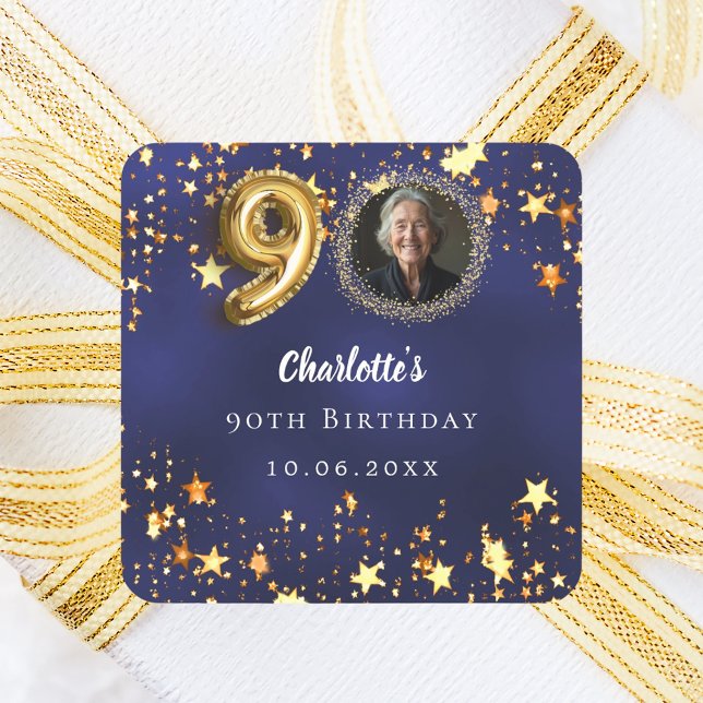 90th birthday navy blue gold stars photo square sticker (Creator Uploaded)