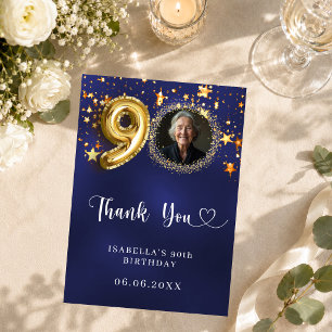 90th birthday navy blue gold stars photo thank you card