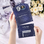 90th Birthday navy blue photo silver stars rsvp All In One Invitation<br><div class="desc">A navy blue background,  decorated with stars. The blue colour is uneven.  Personalize and add a photo,  name,  party details,  RSVP date,  return address and name.</div>