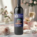 90th Birthday navy blue photo Wine Label<br><div class="desc">A navy blue background. The blue colour is uneven. Personalize and add a date,  name and a photo.  Age number written with a faux silver looking balloon style font.</div>