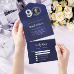 90th Birthday navy blue silver photo rsvp All In One Invitation<br><div class="desc">A navy blue background. The blue colour is uneven.  Personalize and add a photo,  name,  party details,  RSVP date,  return address and name.  Number 90 is written with a balloon style font in faux silver.</div>
