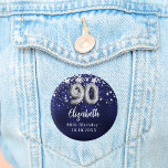90th birthday navy blue silver stars 1 inch round button<br><div class="desc">For a 90th birthday party. A navy blue background colour with faux silver stars. The blue colour is uneven.  Add your name,  text.
Can be used as a Save the Date reminder for your guests,  party favour or as a keepsake.</div>