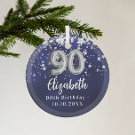 90th birthday navy blue silver stars glass ornament<br><div class="desc">A navy blue background colour with faux silver stars. The blue colour is uneven.  Add your name,  text/date</div>