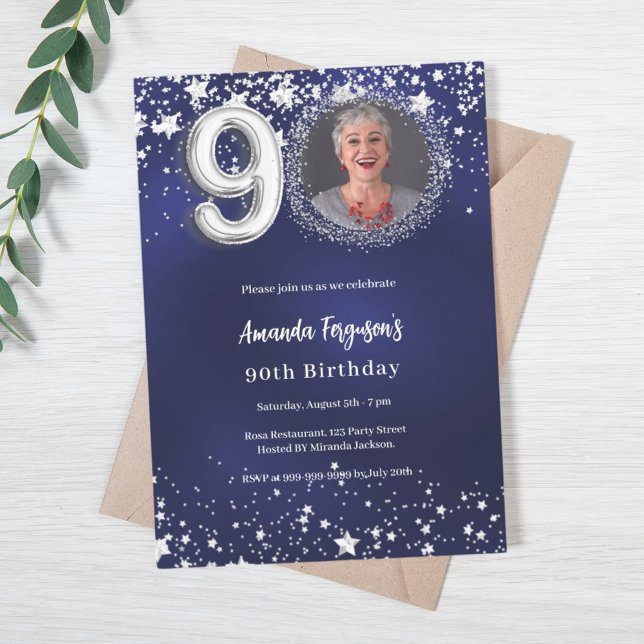 90th birthday navy blue silver stars photo invitation (Creator Uploaded)