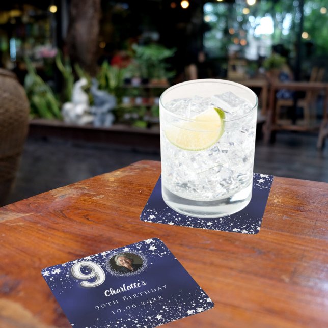 90th birthday navy blue silver stars photo square paper coaster (Creator Uploaded)