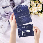 90th Birthday navy blue silver stars rsvp All In One Invitation<br><div class="desc">A navy blue background,  decorated with stars. The blue colour is uneven.  Personalize and add name,  party details,  RSVP date,  return address and name. Ninety is written with a heart.</div>