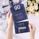 90th Birthday navy blue silver stars rsvp All In One Invitation<br><div class="desc">A navy blue background,  decorated with stars. The blue colour is uneven.  Personalize and add name,  party details,  RSVP date,  return address and name.  Number 90 is written with a balloon style font.</div>