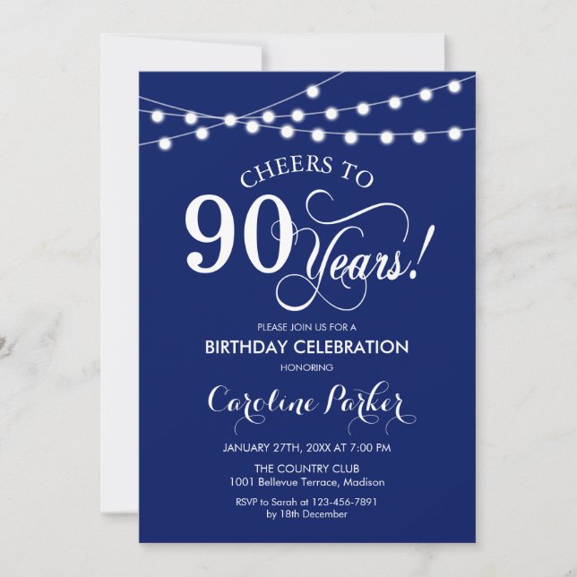 90th Birthday - Navy Blue White Invitation (Front)