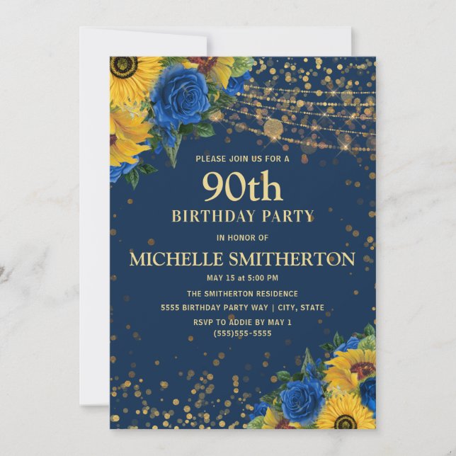 90th Birthday Navy Blue Yellow Sunflowers Gold Invitation (Front)