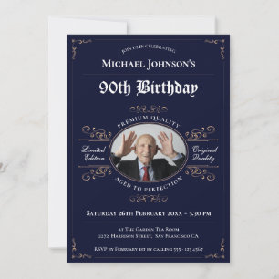 90th Birthday Navy Gold Vintage Whiskey Label  Invitation