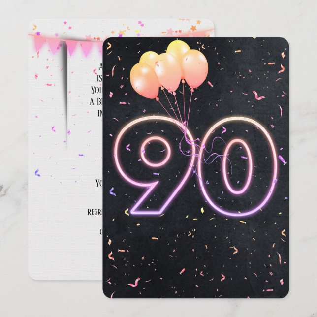 90th Birthday Neon Sign On Black Invitation (Front/Back)