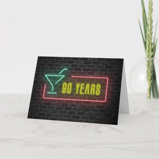 90th Birthday Neon Sign on Brick Card (Front)