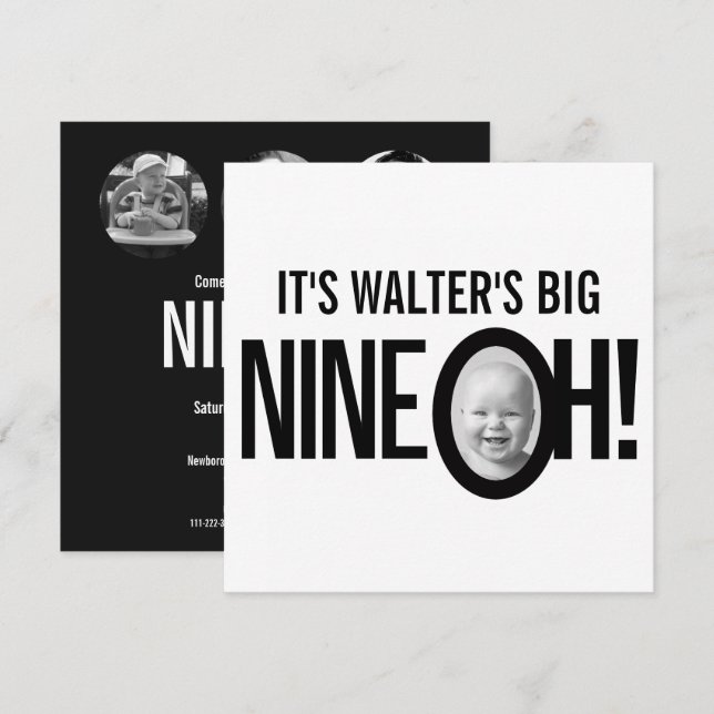 90th birthday NINE OH! photo mono black white Invitation (Front/Back)