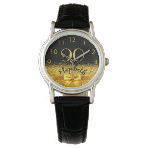 90th birthday ninetieth chic gold bow black name watch