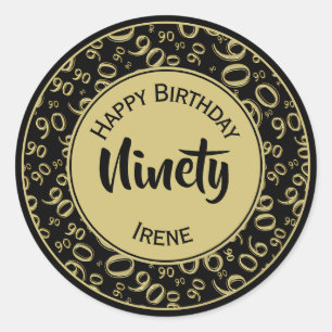 90th Birthday Number Pattern Gold and Black Classic Round Sticker