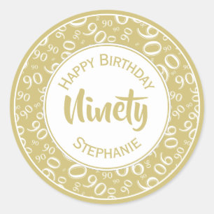 90th Birthday Number Pattern Gold and White Classic Round Sticker
