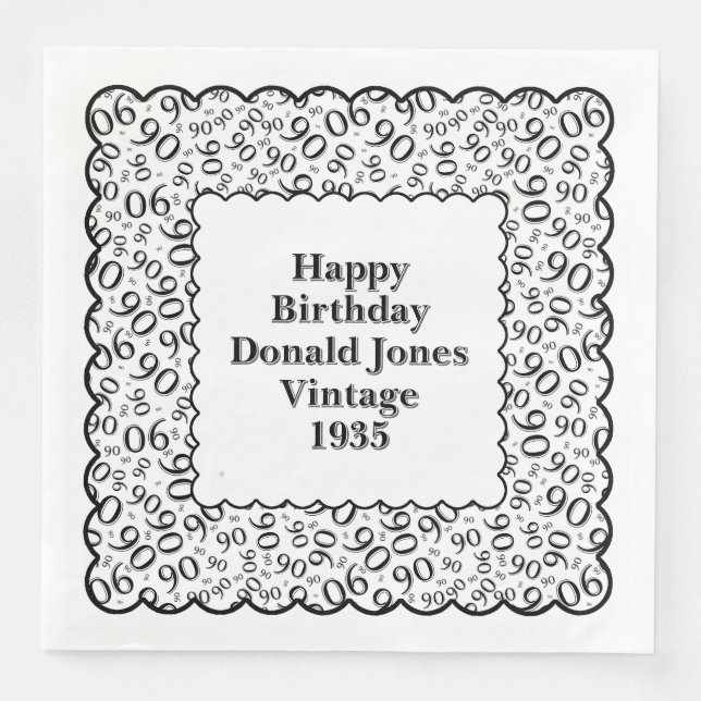 90th Birthday Number Pattern Scallops Black/White Napkin (Front)