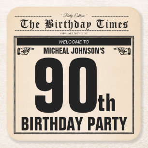 90th Birthday Old Newspaper Vintage Funny Custom Square Paper Coaster