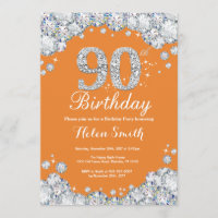 90th Birthday Orange and Silver Diamond