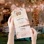 90th birthday pampas grass rose pink florals RSVP All In One Invitation<br><div class="desc">A rustic rose gold and blush pink gradient backround decorated with blush pink florals and pampas grass. Personalize and add your name,  and the details. Black coloured letters.  Number 90 is written with a rose gold balloons style font.</div>