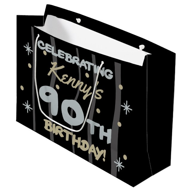 90th Birthday Party Add Your Name Large Gift Bag (Front Angled)