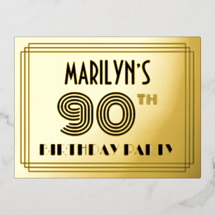 90th Birthday Party ~ Art Deco Style “90” + Name Foil Invitation Postcard