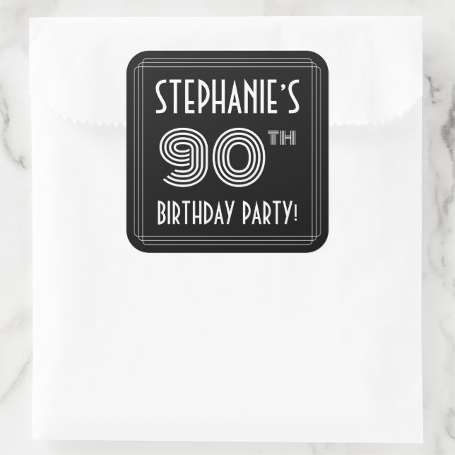 90th Birthday Party: Art Deco Style & Custom Name Square Sticker (Bag)