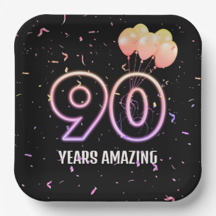 90th Birthday Party Balloons and Confetti Paper Plate