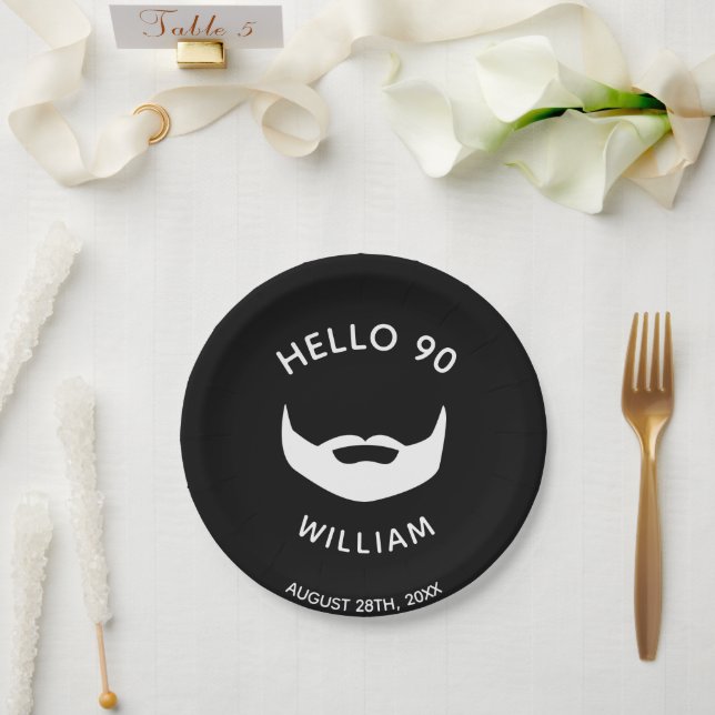 90th birthday party beard black white men paper plate (Wedding)