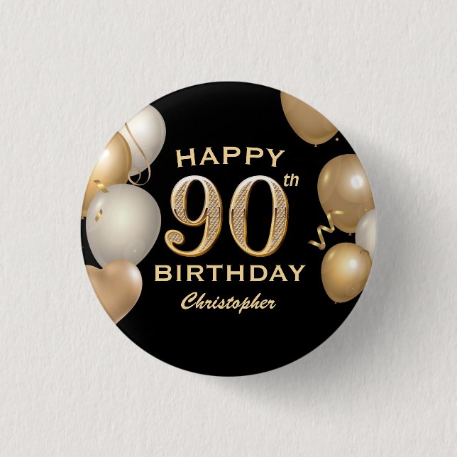 90th Birthday Party Black and Gold Balloons 1 Inch Round Button (Front)