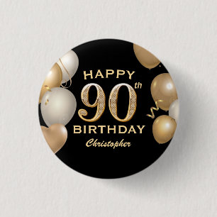 90th Birthday Party Black and Gold Balloons 1 Inch Round Button