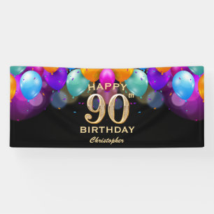 90th Birthday Party Black and Gold Balloons Banner