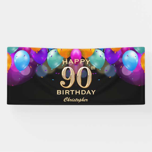 90th Birthday Party Black and Gold Balloons Banner (Horizontal)