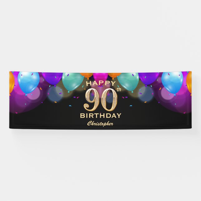 90th Birthday Party Black and Gold Balloons Banner (Horizontal)