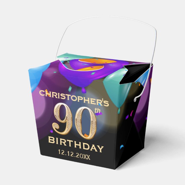 90th Birthday Party Black and Gold Balloons Favor Box (Front Side)