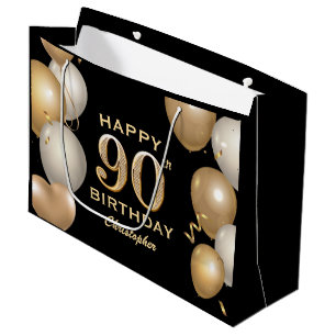 90th Birthday Party Black and Gold Balloons Large Gift Bag