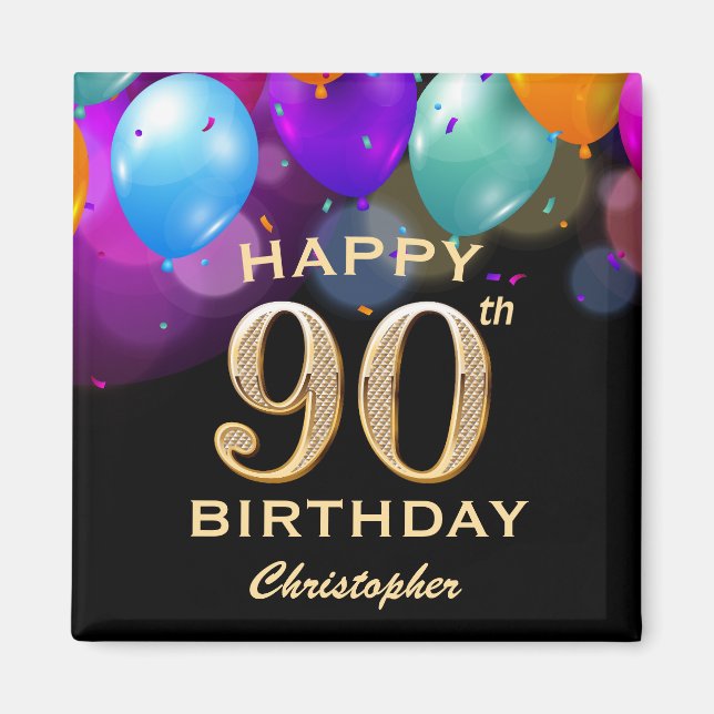90th Birthday Party Black and Gold Balloons Magnet (Front)
