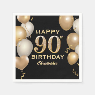 90th Birthday Party Black and Gold Balloons Napkin