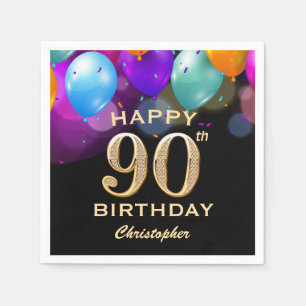 90th Birthday Party Black and Gold Balloons Napkin