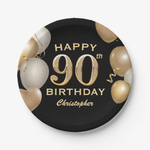 90th Birthday Party Black and Gold Balloons Paper Plate