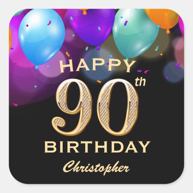 90th Birthday Party Black and Gold Balloons Square Sticker (Front)