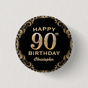 90th Birthday Party Black and Gold Glitter Frame 1 Inch Round Button