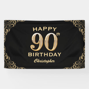 90th Birthday Party Black and Gold Glitter Frame Banner