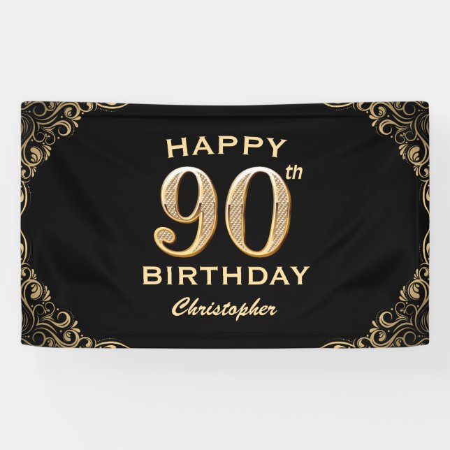 90th Birthday Party Black and Gold Glitter Frame Banner (Horizontal)