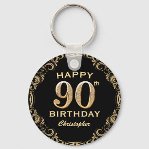 90th Birthday Party Black and Gold Glitter Frame Keychain